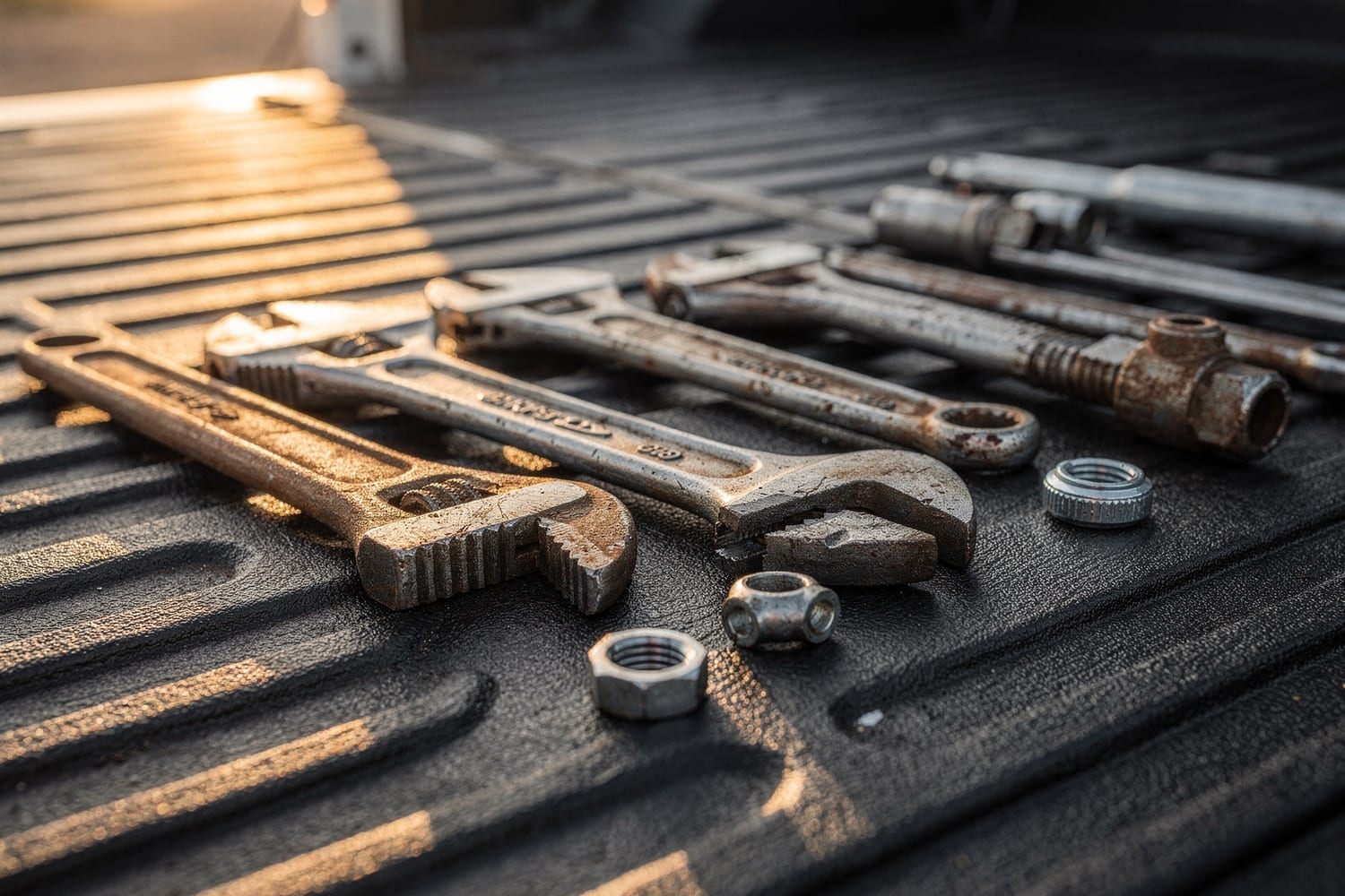 Plumbing tools laid out on a truck bed in warm morning light