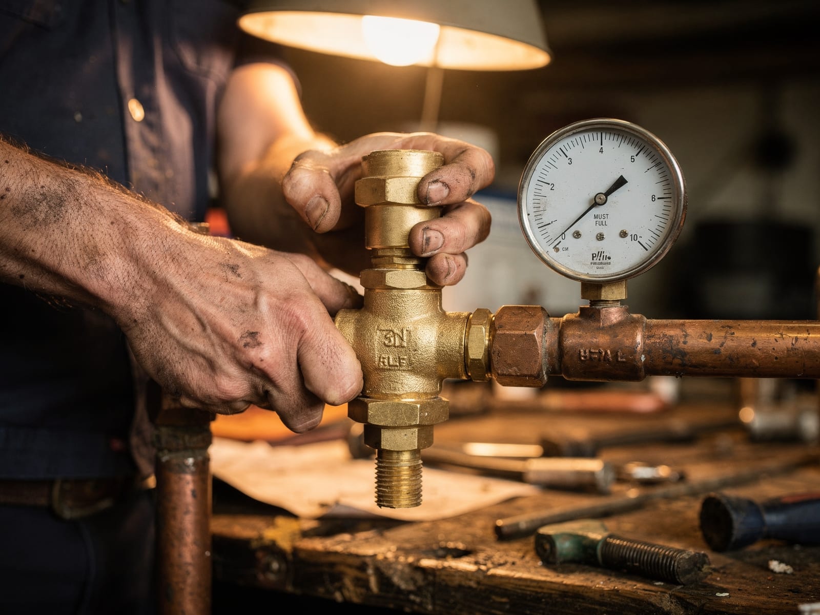 A technician's hands turning a shutoff valve beside an analog pressure gauge pinned to full